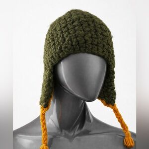 DELUX Knit Earflap Beanie Hat Green With Orange Tassels Winter Cold Weather